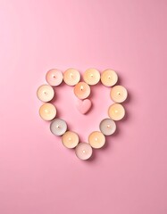 Heart shape formed by lit candles and a small heart on a pink background, vertical, centered