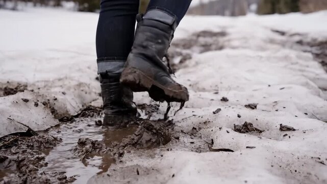 Authentically filmed medium shot capturing the rhythmic trudge of durable black boots through a messy, persistent layer of late winter snowmelt and mud soles, winter, weather