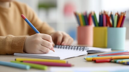 Child writing in notebook surrounded by colorful pencils in bright, creative workspace