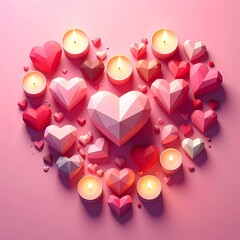 Heart shape made of pink low-poly hearts and candles against a pink background, creating a Valentine's or romantic feeling