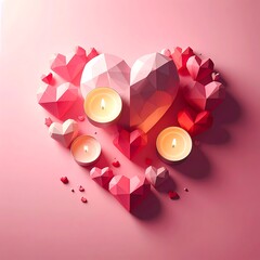 Heart shape of origami hearts and candles on pink background, soft shadows, romantic theme