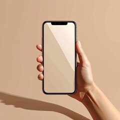 Hand holding a blank smartphone on a neutral background, bathed in warm sunlight