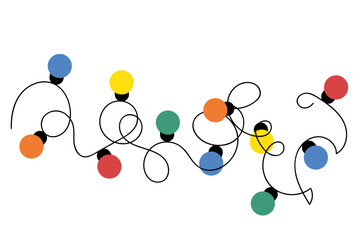 Tangled Christmas lights isolated on white. Colorful decoration round garland light bulbs on a black string