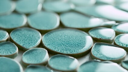 Close-up of glossy, irregular teal tiles creating a textured surface