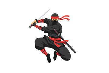 Obraz premium A cartoon ninja in a black outfit, red accents, with two katanas in a dynamic pose