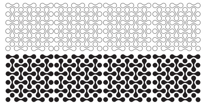 Seamless abstract geometric pattern featuring interlocking rounded shapes and circular nodes in black and white