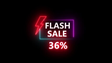 Cyan and pink neon sign promoting a neon flash sale with a bold 36% discount sign light glowing banner background. text flash sale by neon sign board Perfect for online promotions, marketing, shopping