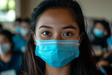 Generative AI image of a student in mask and face shield attending class during pandemic school lecture or exam