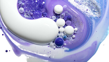 Abstract close-up shows white, purple, and blue swirling liquids with bubble effects