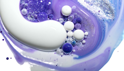 Abstract close-up shows white, purple, and blue swirling liquids with bubble effects