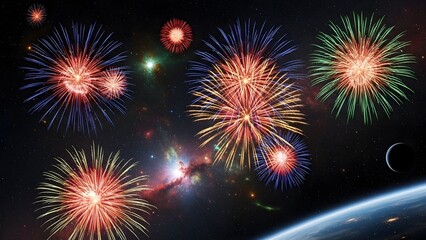 Fototapeta premium New Year fireworks blooming like giant flowers in space