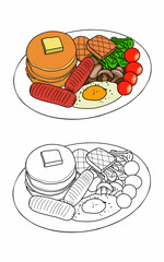 Illustration of breakfast plate with eggs, sausage, toast, tomatoes and mushrooms on plate coloring page 