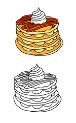 Stack pancakes with whipped cream illustration coloring book