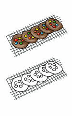 Chocolate cookies are on a cooling rack with colorfull chips