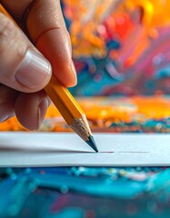 Hand holding a pencil, poised above white paper, with an abstract, colorful painted background