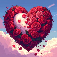 Heart-shaped arrangement of red roses amidst fluffy clouds in a blue sky, digital art with pixel-style rendering