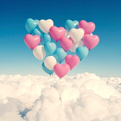 Heart-shaped balloons of pink, white, and blue float above fluffy clouds under a bright blue sky