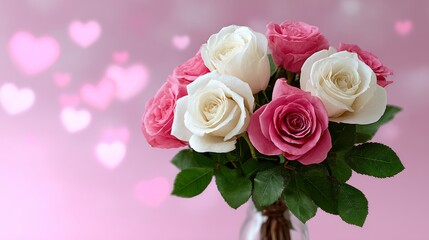 Obraz premium Bouquet of pink and white roses arranged elegantly in a glass vase, set against a soft pink background with heart-shaped bokeh, symbolizing love and affection for special occasions