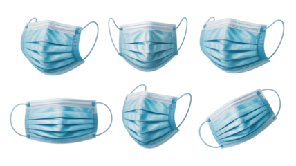 Collection of blue medical surgical face masks isolated on black background in different angles