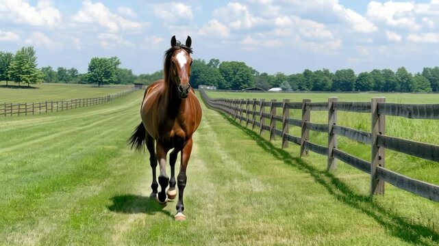 A majestic horse runs gracefully down a wide, green path bordered by a rustic wooden fence on a sunny day