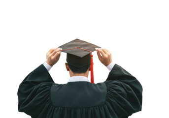 A close-up back view of a graduate adjusting their cap on a black background