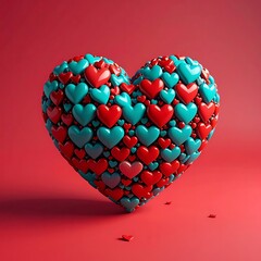 Large heart comprised of many tiny hearts, red & teal, against a plain red backdrop, some small hearts lying around