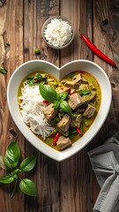 Heart-shaped bowl filled with green curry, noodles, tofu, and rice on a wooden surface, viewed from above