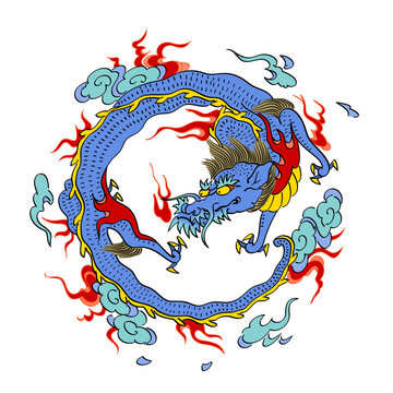 Azure Dragon, Japanese Seiryu, Chinese Qinglong, one of the Dragon Gods. He represents the cardinal direction east, and the spring season. Also known as the Blue-green, Green or Avalon Dragon. Vector