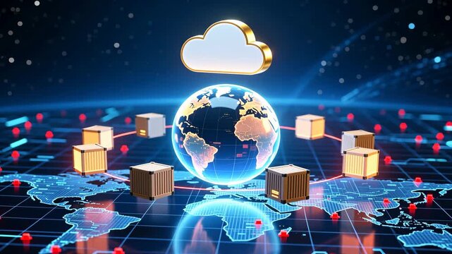 A glowing earth sphere with floating cargo cubes boxes and bright cloud showing digital trade, cloud based warehouse management, warehouse and inventory integration