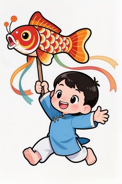 Cute chibi boy flying c&aacute; ch&eacute;p paper kite during Tết, wearing &aacute;o b&agrave; ba, excited cute expression, glossy toy figurine style, white background