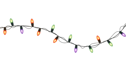 Colorful string lights in green, purple, and orange on a transparent background