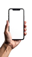 Hand holding a smartphone with a blank white screen against a white backdrop