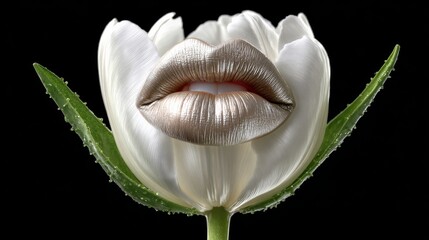Unique floral composition featuring a white tulip with metallic lips, showcasing an artistic blend of nature and beauty, symbolizing elegance and creativity in visual art