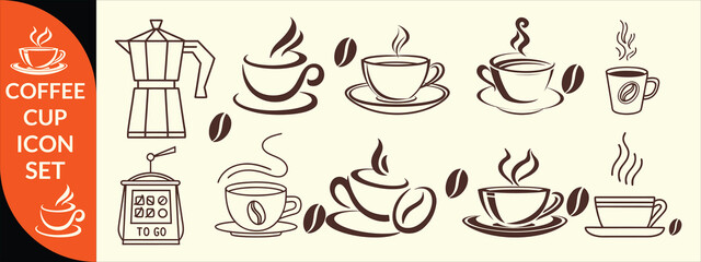 Coffee cup icon. Set of vector cups with coffee. Coffee cup big set design.