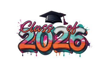 Vibrant graffiti style illustration celebrating the future graduating class of 2026 with a graduation cap symbol
