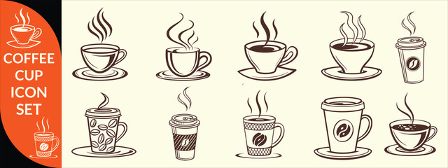 Coffee cup icon. Set of vector cups with coffee. Coffee cup big set design.