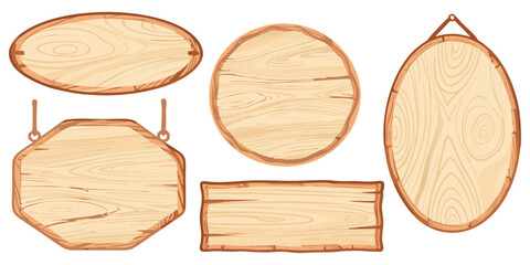 Children&rsquo;s book style wooden signs with simple grain details, round and angular shapes, warm earthy tones.