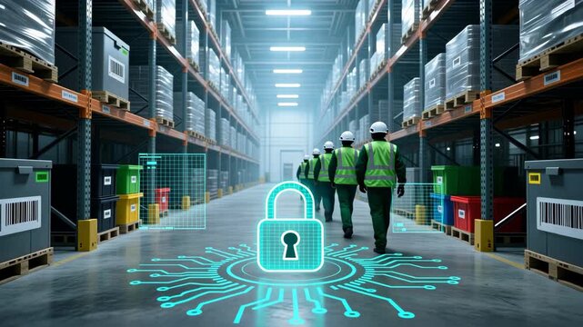 A workers in smart warehouse aisle with glowing teal security padlock hologram, smart warehouse operations, warehouse and inventory integration