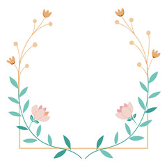 A beautiful minimalist floral wreath or frame design with soft pastel pink flowers and green leaves