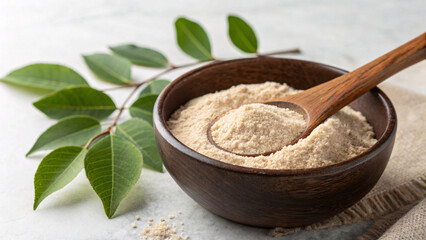 Natural Herbal Powder in Wooden Bowl &ndash; Organic Ayurvedic Ingredient Close-Up