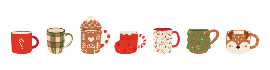Cute Christmas mug set with festive holiday designs. Cozy winter cups decorated with candy cane, gingerbread house. 