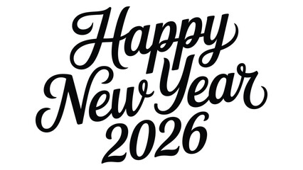 Elegant black handwritten typography design featuring the phrase "Happy New Year 2026" on a clean white background for festive greeting themes © Mushtaq