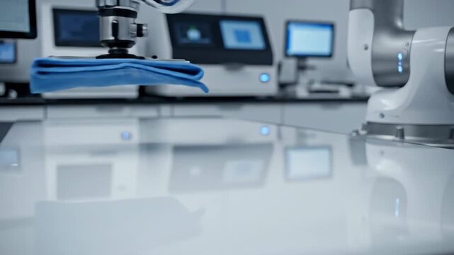 Automated generic robotic arm slowly and deliberately wiping down the reflective white surface of the sterile laboratory bench for sanitization and preparation industrial, sanitization, laboratory