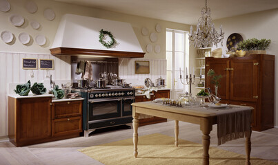Single shot photo of a room with a kitchen