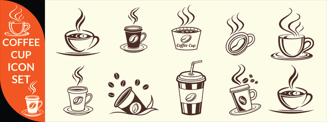 Coffee cup icon. Set of vector cups with coffee. Coffee cup big set design.