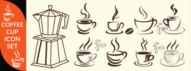 Coffee cup icon. Set of vector cups with coffee. Coffee cup big set design.