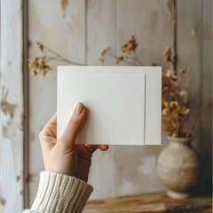 Hand holding blank cards against rustic wooden backdrop with dried floral arrangement in ceramic vase