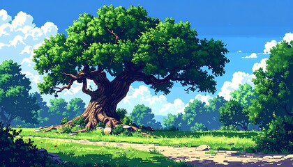 Large, lush tree stands in a vibrant field under a bright blue, partially cloudy sky; painted in a retro, pixellated style