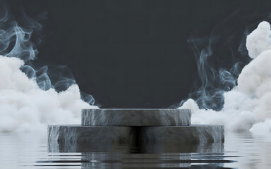 Abstract minimal concept. Dark background with natural granite stones podium on water and smoke surrounding. Mock up template for product presentation. 3D rendering. copy text space