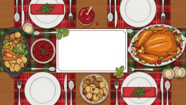 Thanksgiving Dinner Table with Roasted Turkey and Side Dishes.